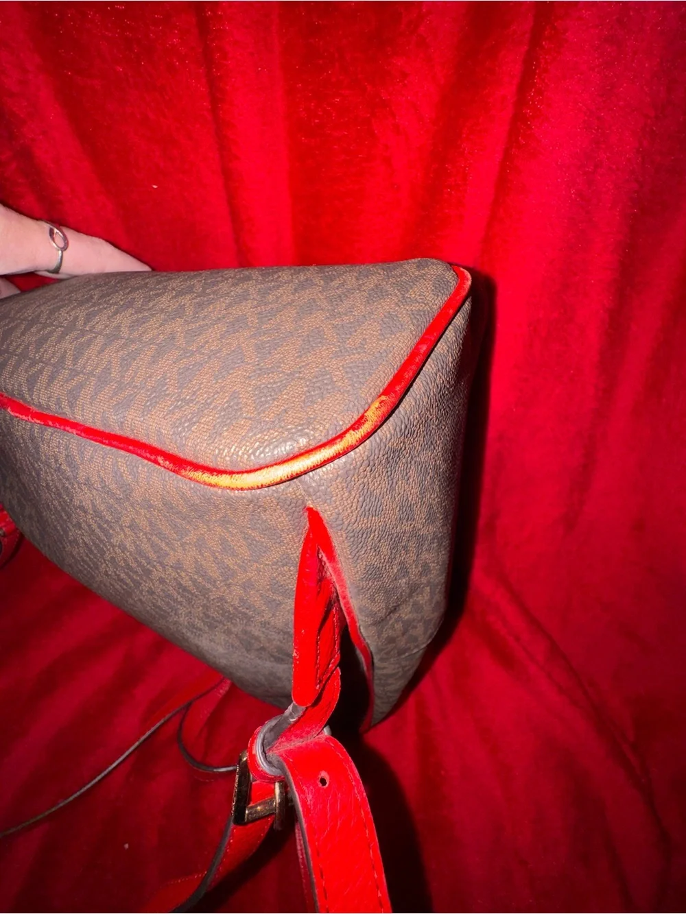 Michael Kors Brown Monogram Backpack with Red Trim and Gold Logo